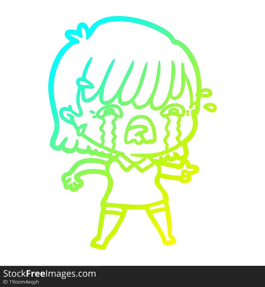 cold gradient line drawing of a cartoon girl crying