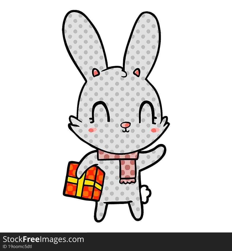 cute cartoon rabbit with christmas present. cute cartoon rabbit with christmas present