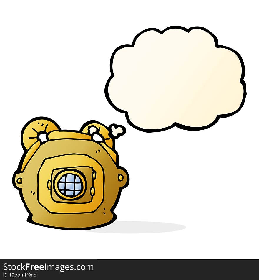 cartoon old deep sea diver helmet with thought bubble