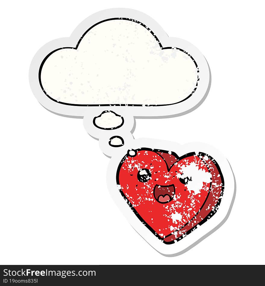 heart cartoon character and thought bubble as a distressed worn sticker