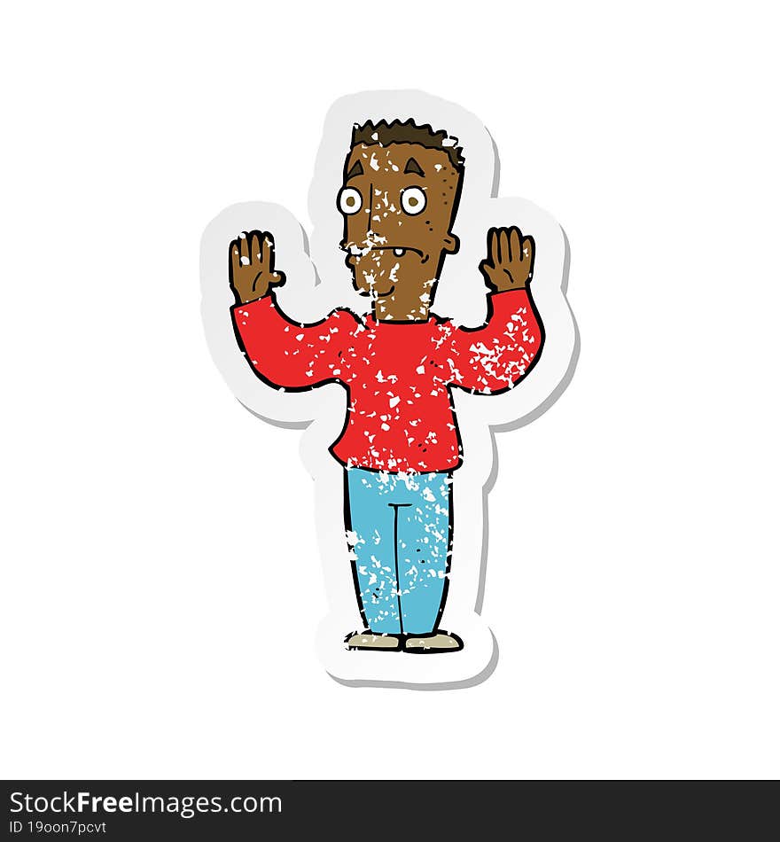 retro distressed sticker of a cartoon man surrendering