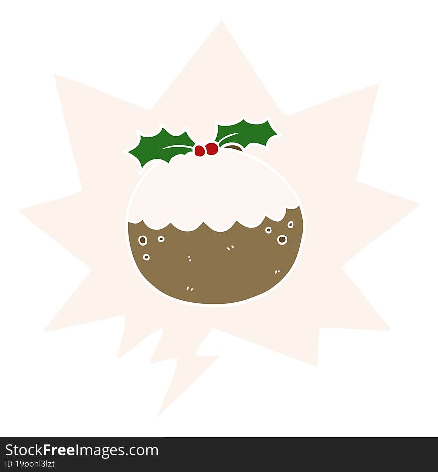 cartoon christmas pudding and speech bubble in retro style