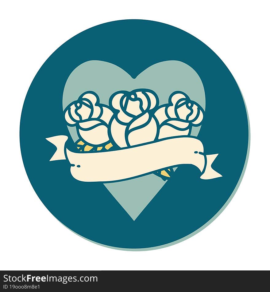 Tattoo Style Sticker Of A Heart And Banner With Flowers