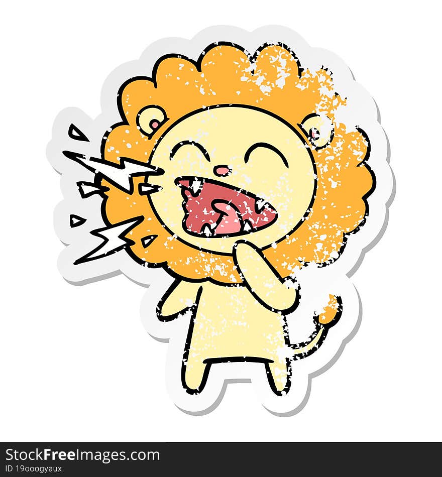 distressed sticker of a cartoon roaring lion