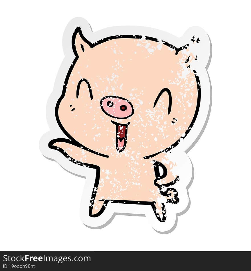 distressed sticker of a happy cartoon pig