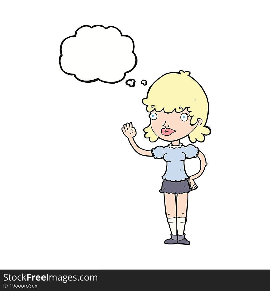 cartoon waving woman with thought bubble