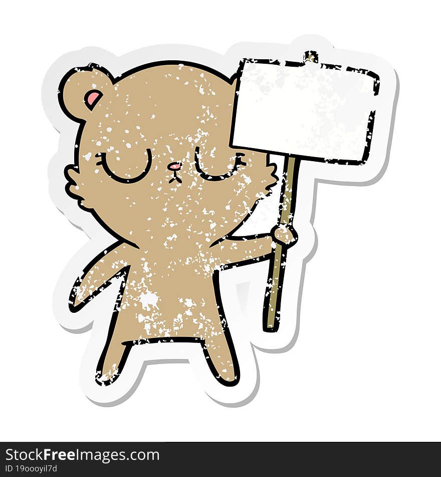 distressed sticker of a peaceful cartoon bear cub with protest sign