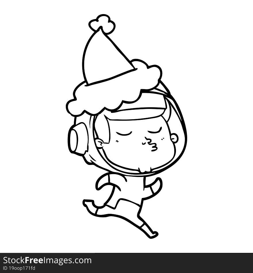 line drawing of a confident astronaut wearing santa hat