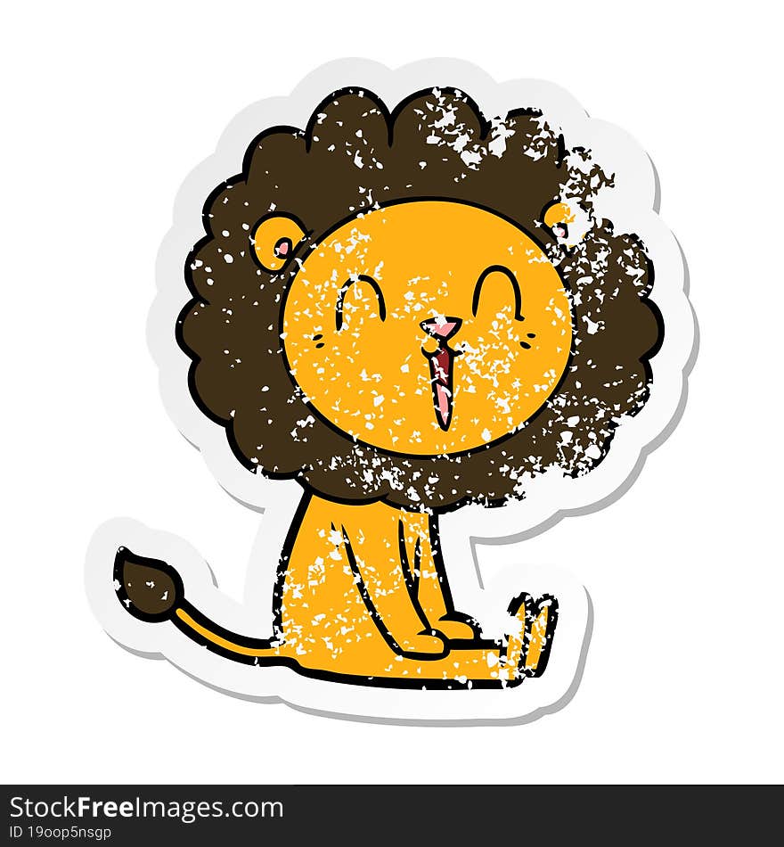 distressed sticker of a laughing lion cartoon sitting