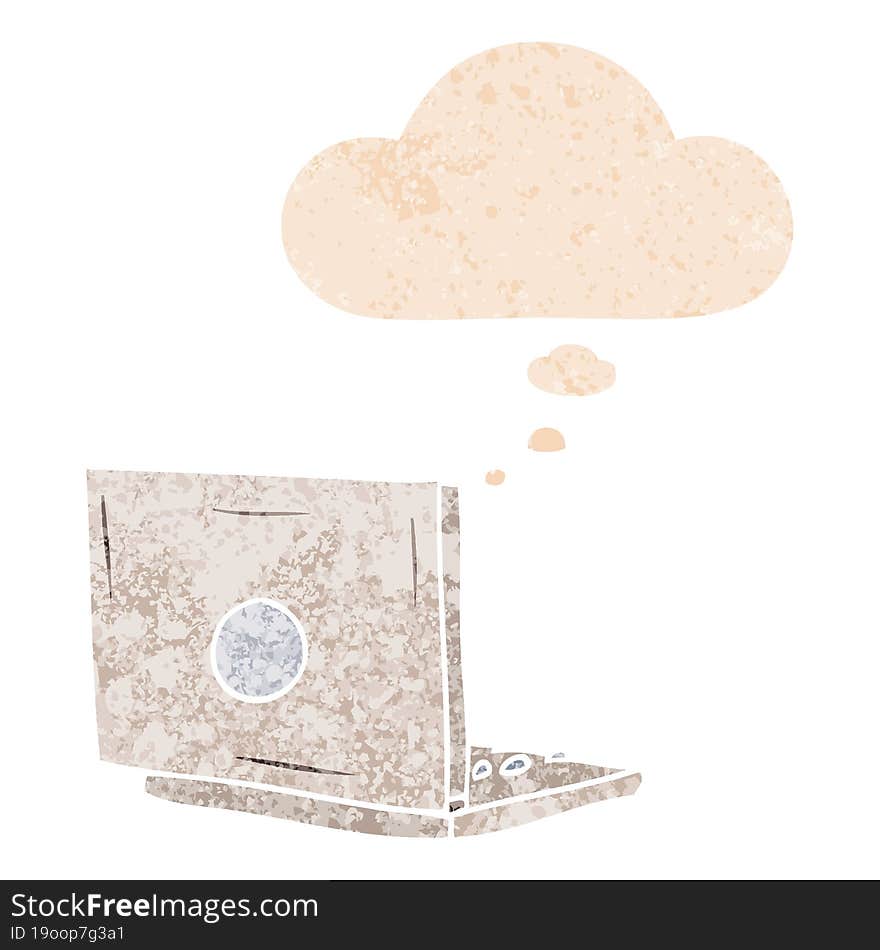 cartoon laptop computer with thought bubble in grunge distressed retro textured style. cartoon laptop computer with thought bubble in grunge distressed retro textured style