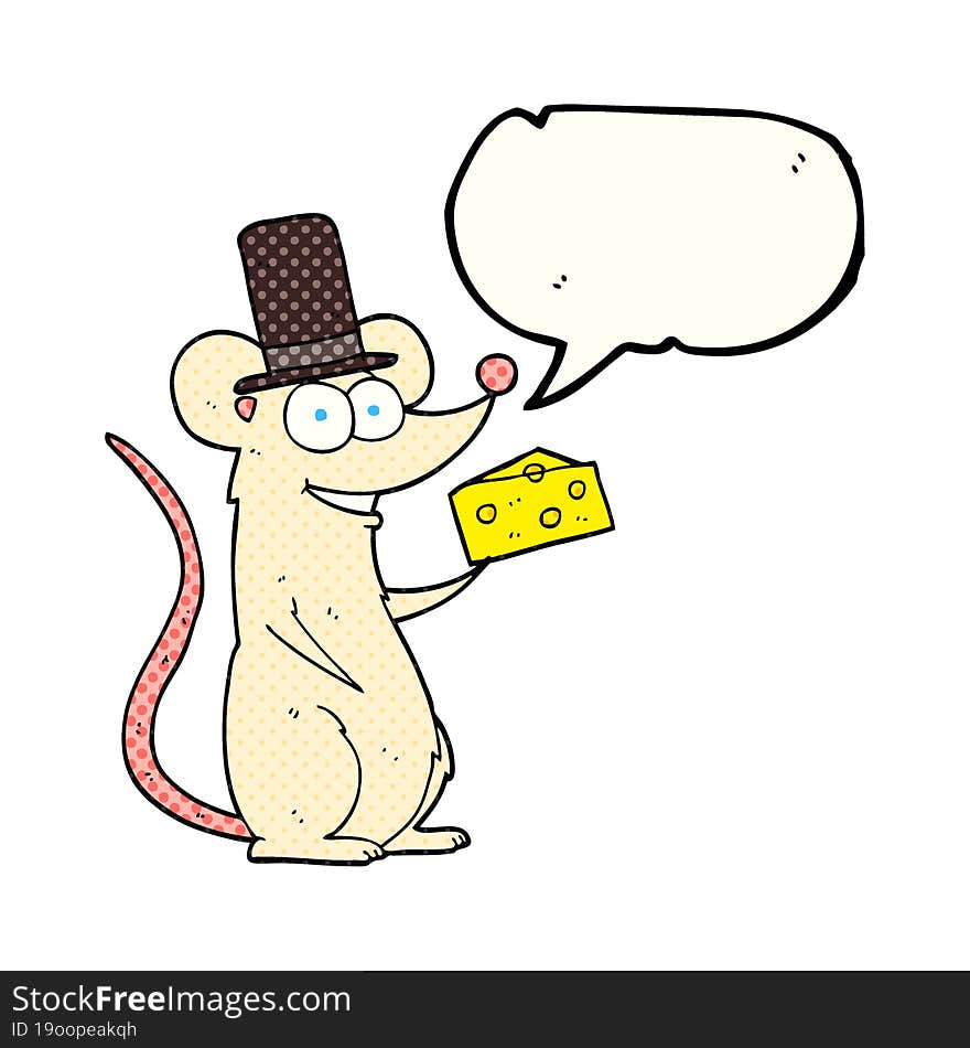 freehand drawn comic book speech bubble cartoon mouse with cheese