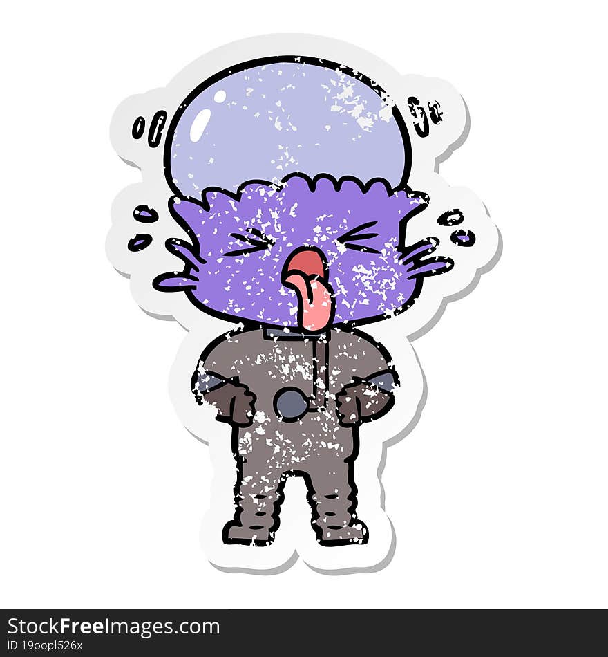 distressed sticker of a disgusted cartoon alien