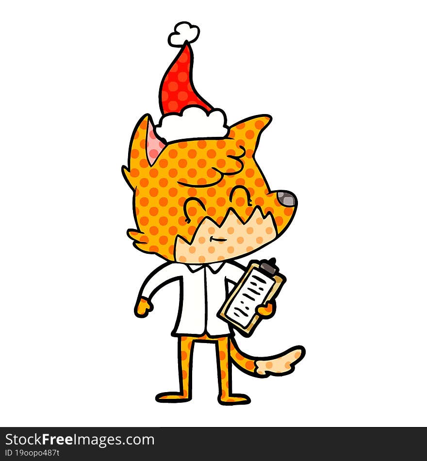 Comic Book Style Illustration Of A Friendly Fox Manager Wearing Santa Hat