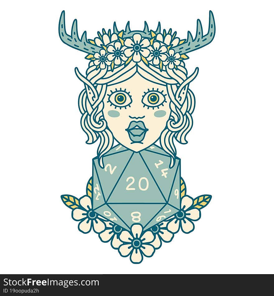 Elf Druid Character With Nautral Twenty Dice Roll Illustration