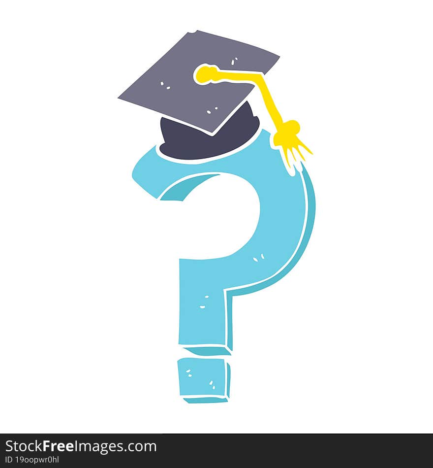 flat color illustration of a cartoon graduation cap on question mark