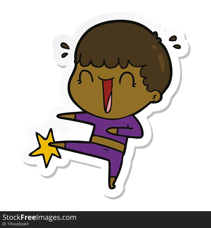 Sticker Of A Laughing Cartoon Man Karate Kicking