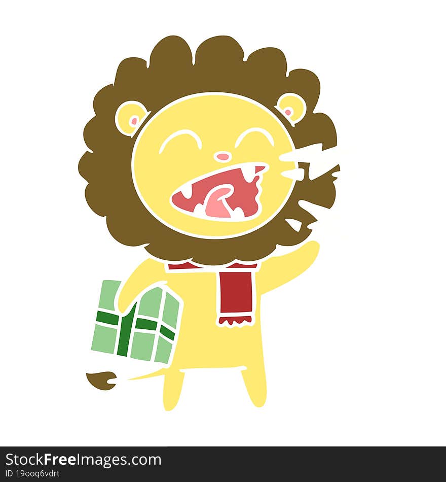 flat color style cartoon roaring lion with present