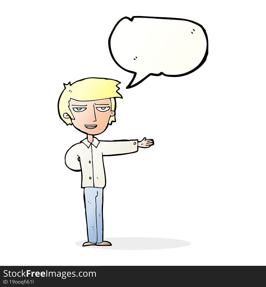 cartoon man gesturing welcome with speech bubble