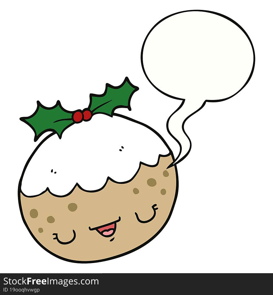 Cute Cartoon Christmas Pudding And Speech Bubble