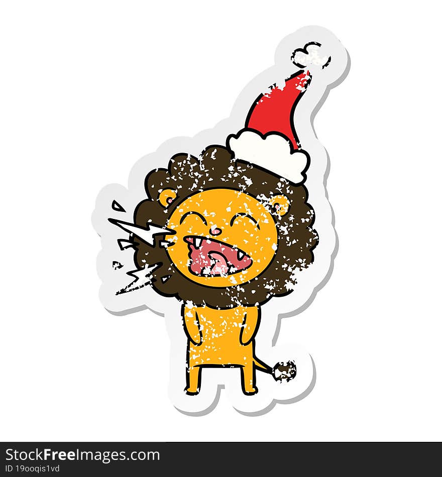 distressed sticker cartoon of a roaring lion wearing santa hat