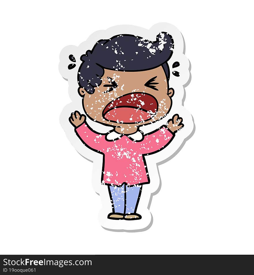 Distressed Sticker Of A Cartoon Shouting Man