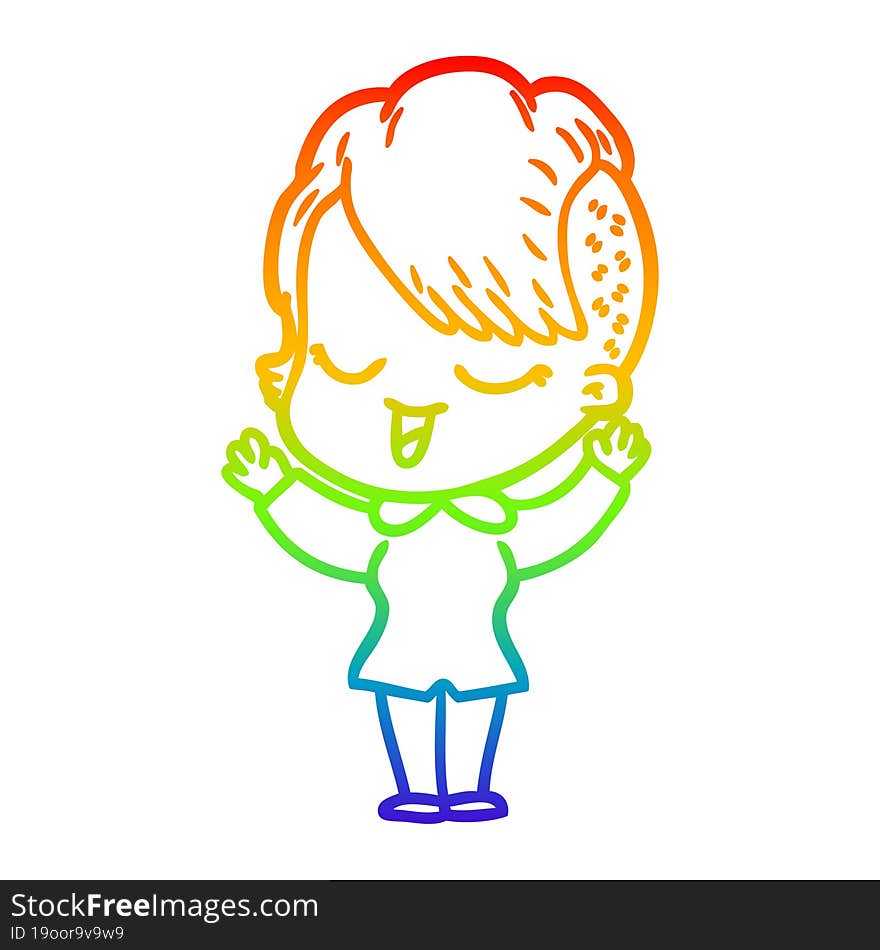 Rainbow Gradient Line Drawing Happy Cartoon Girl