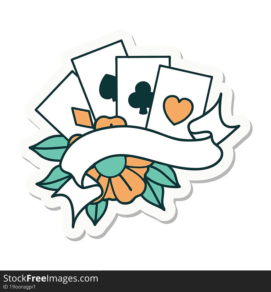 tattoo style sticker of cards and banner