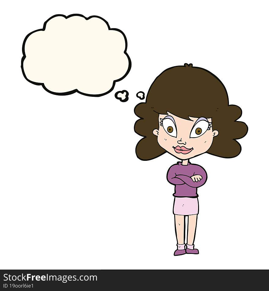 cartoon happy woman with folded arms with thought bubble