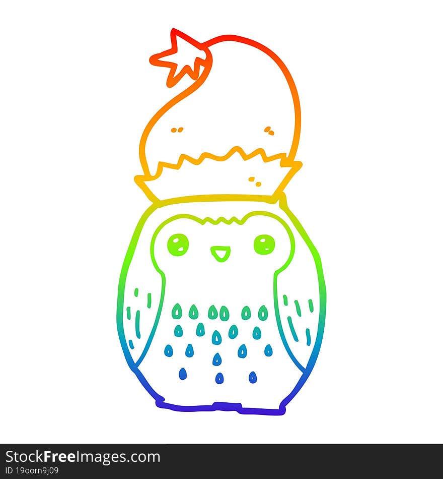 rainbow gradient line drawing cute cartoon owl wearing christmas hat