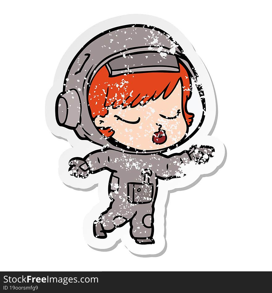 distressed sticker of a cartoon pretty astronaut girl pointing