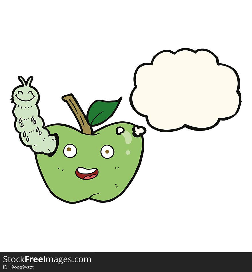 cartoon apple with bug with thought bubble