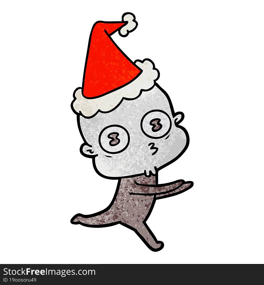 textured cartoon of a weird bald spaceman running wearing santa hat