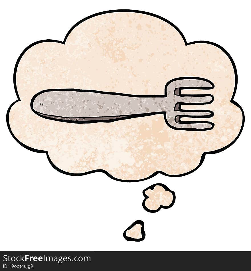 cartoon fork and thought bubble in grunge texture pattern style