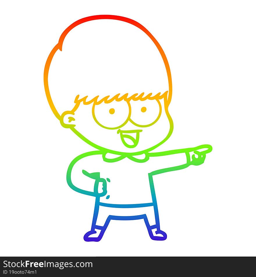 rainbow gradient line drawing of a happy cartoon boy pointing