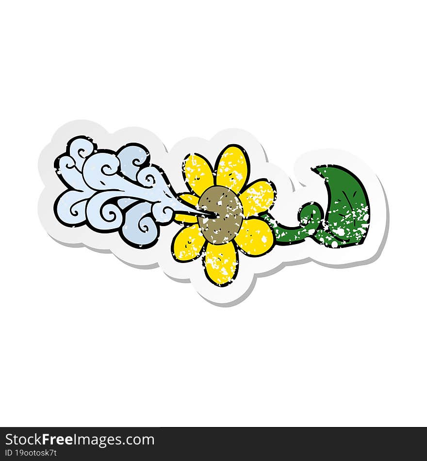 Retro Distressed Sticker Of A Cartoon Flower Squirting Water