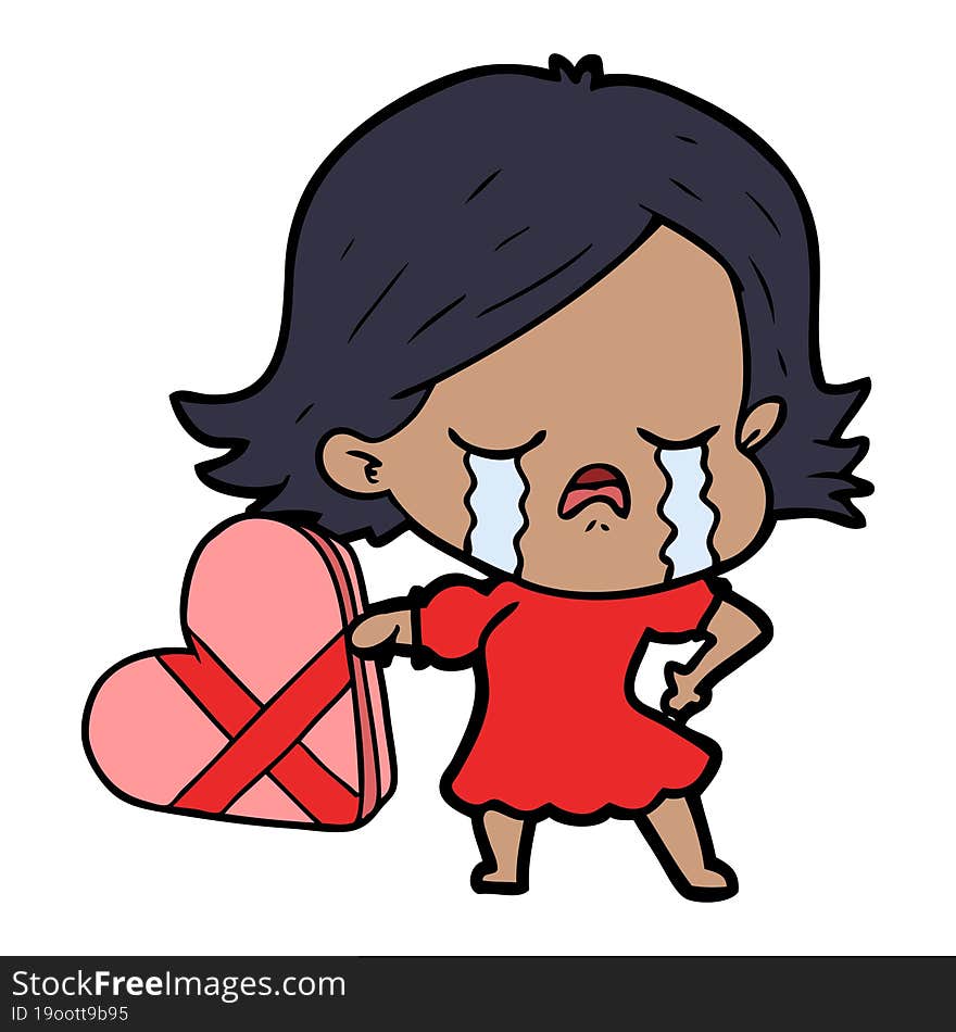 cartoon girl crying over valentines day present. cartoon girl crying over valentines day present