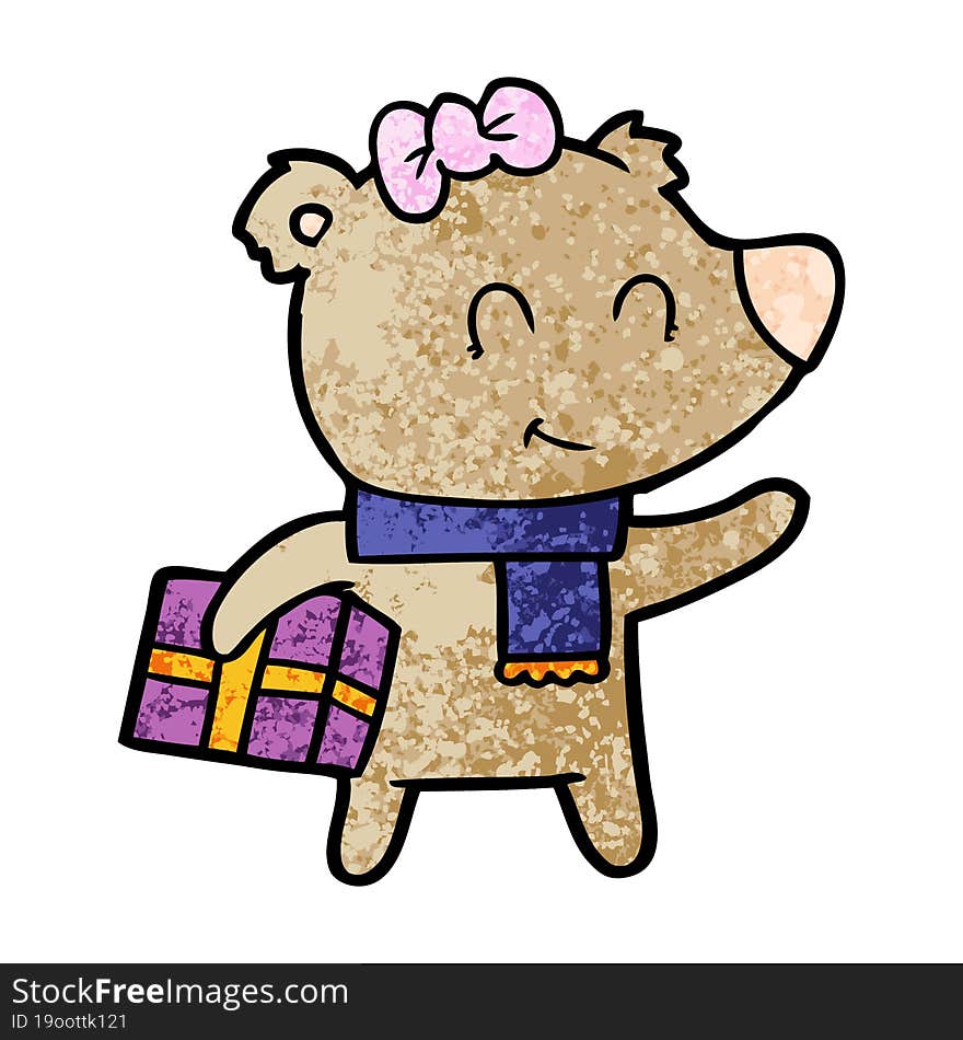 bear cartoon chraracter with present. bear cartoon chraracter with present