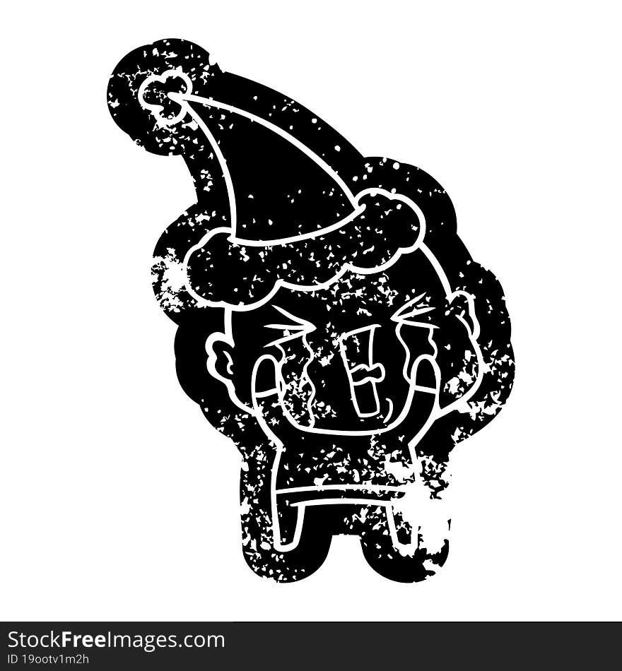 quirky cartoon distressed icon of a crying bald man wearing santa hat