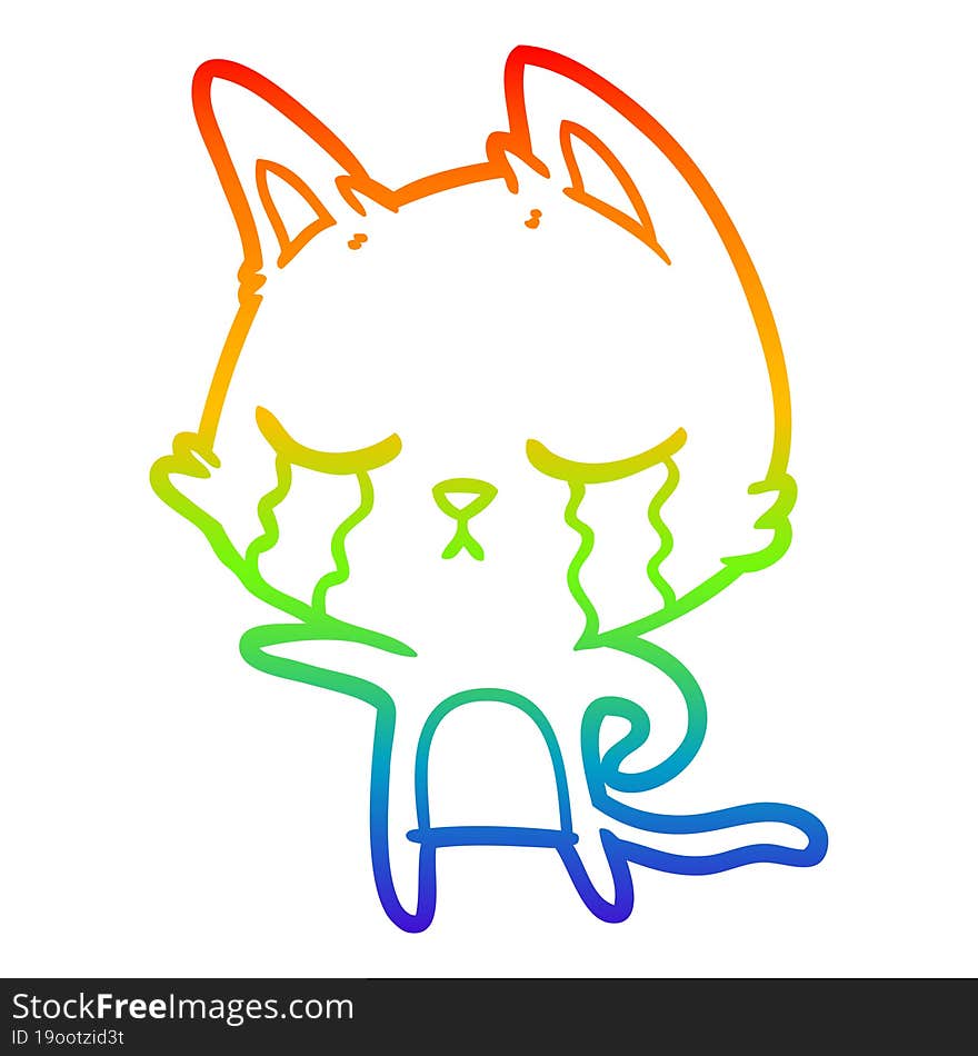 rainbow gradient line drawing of a crying cartoon cat pointing