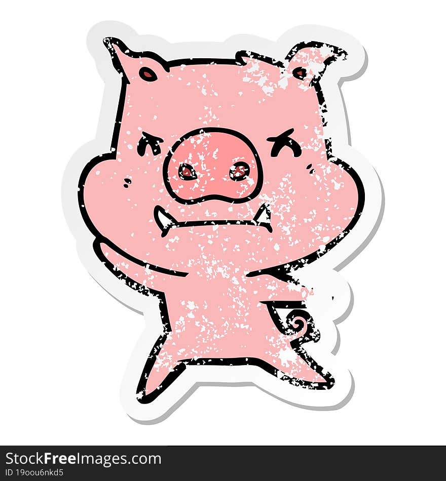 distressed sticker of a angry cartoon pig