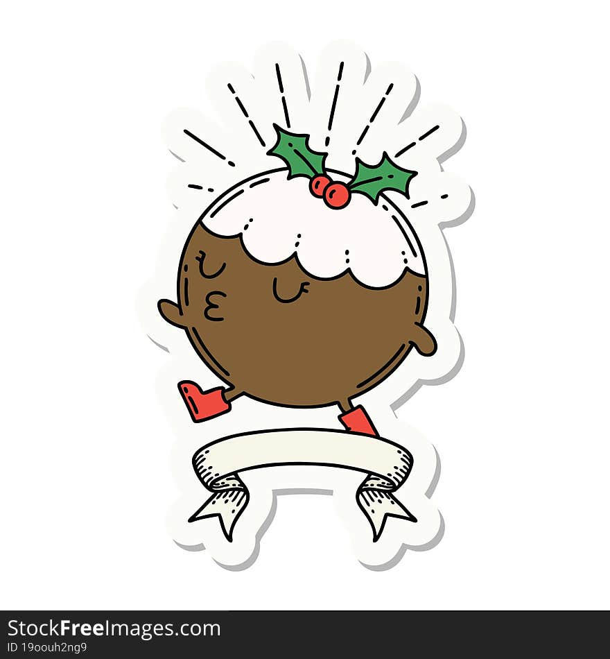 sticker of tattoo style christmas pudding character walking