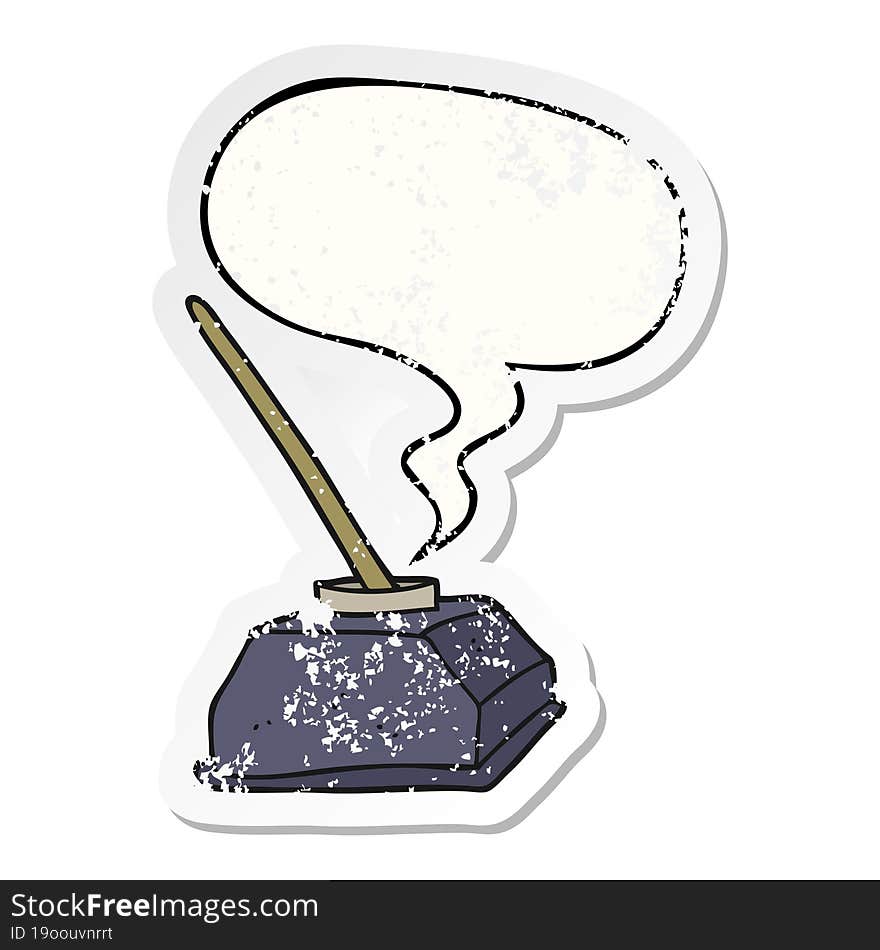 cartoon old ink pot and pen and speech bubble distressed sticker