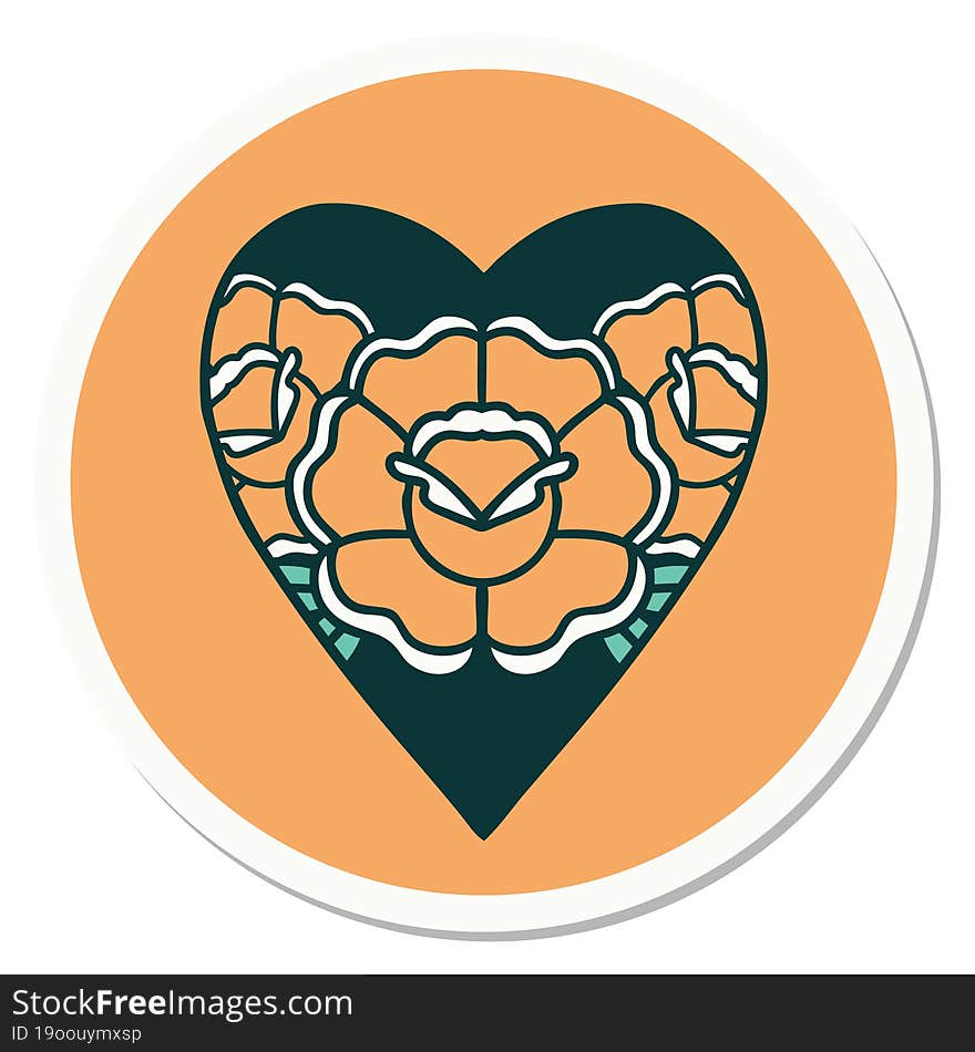 sticker of tattoo in traditional style of a heart and flowers. sticker of tattoo in traditional style of a heart and flowers