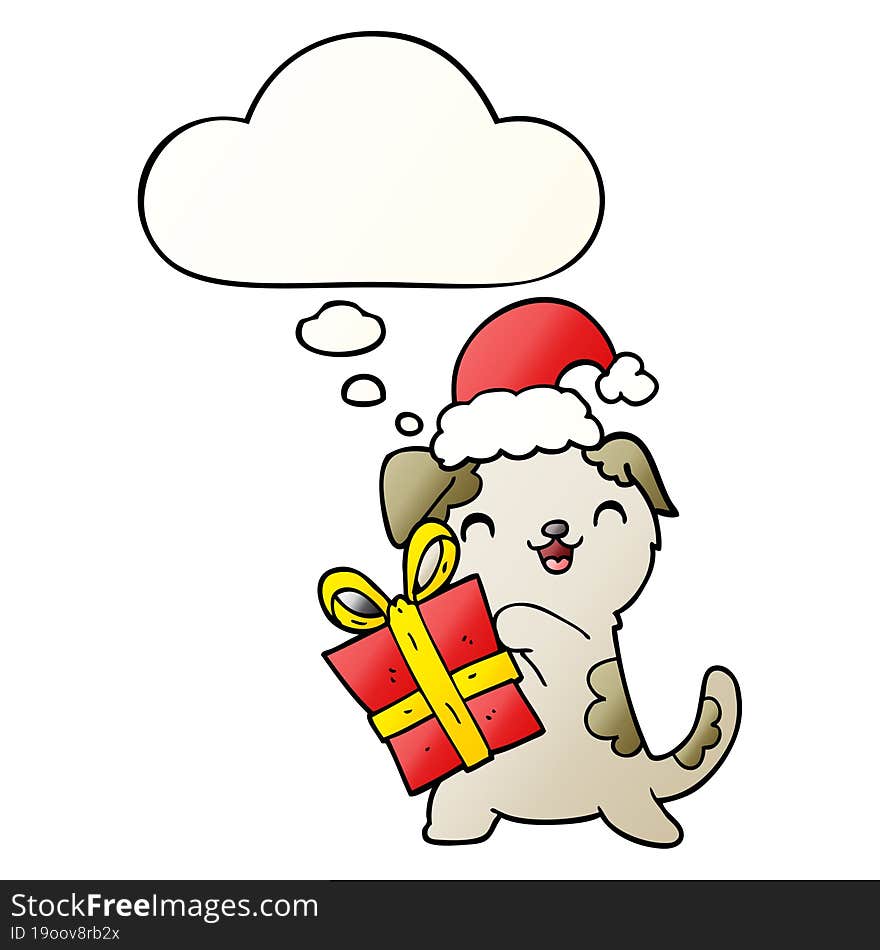 cute cartoon puppy with christmas present and hat with thought bubble in smooth gradient style