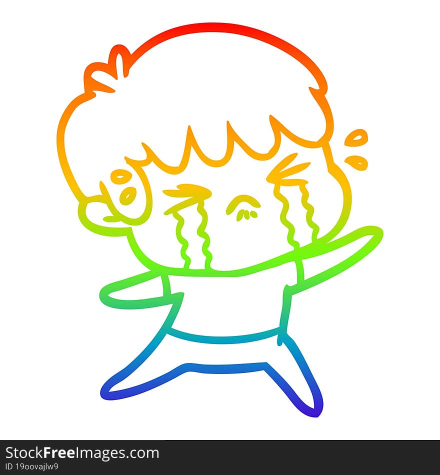 rainbow gradient line drawing of a cartoon boy crying