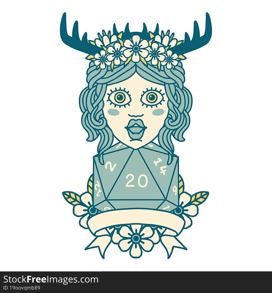 Human Druid With Natural 20 Dice Roll Illustration