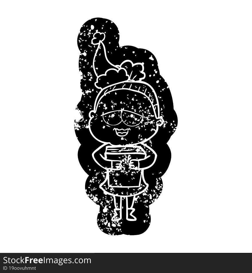 Cartoon Distressed Icon Of A Happy Old Lady Wearing Santa Hat