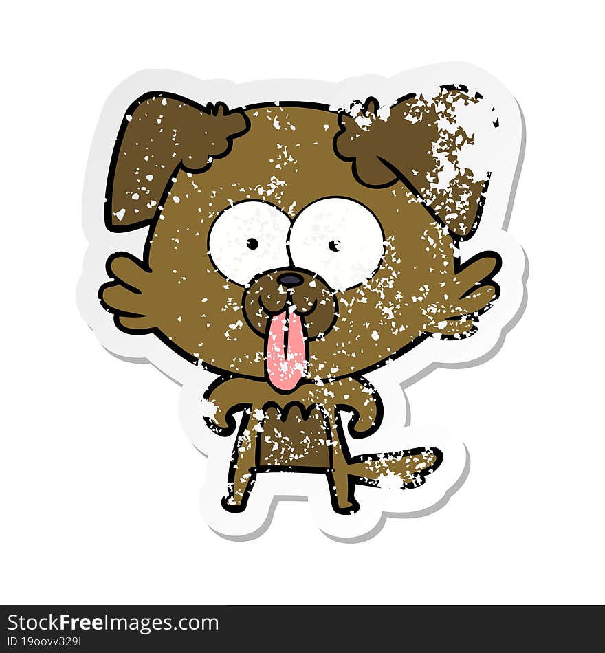 distressed sticker of a cartoon dog with tongue sticking out