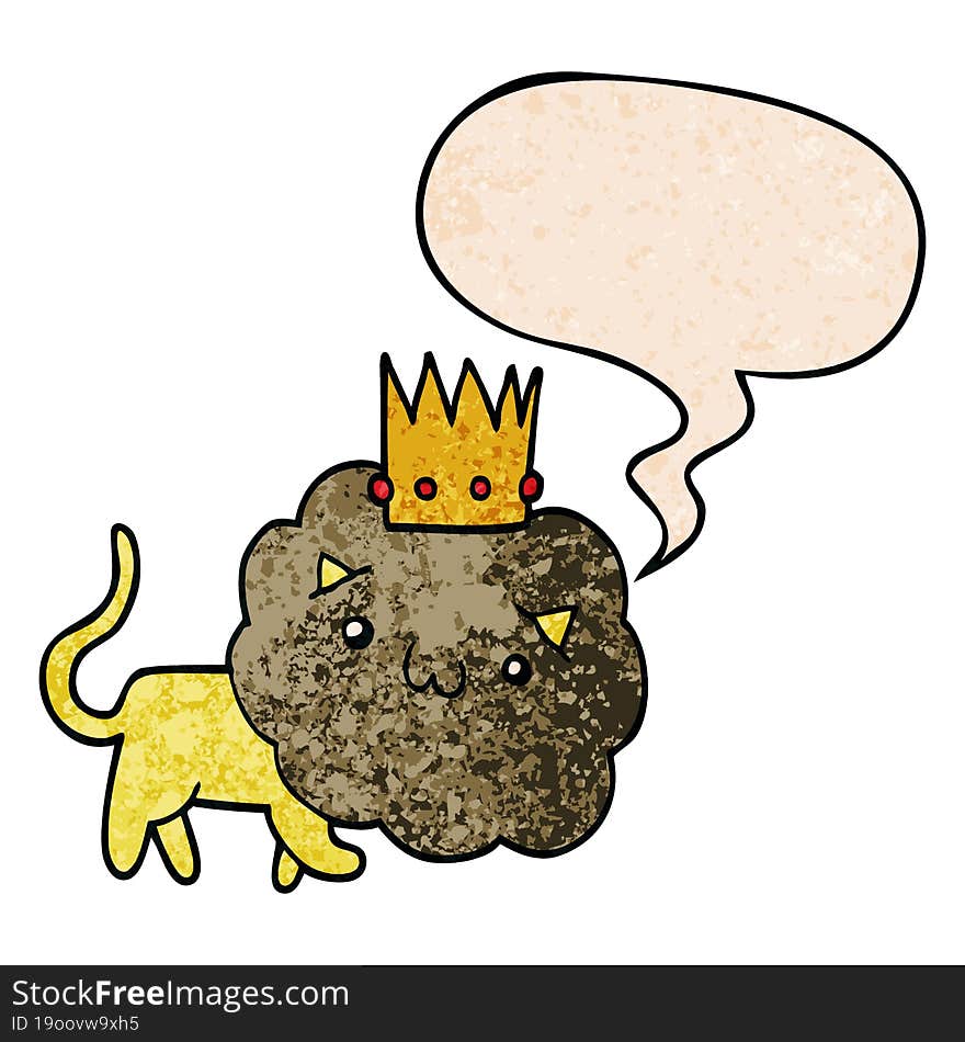 Cartoon Lion And Crown And Speech Bubble In Retro Texture Style