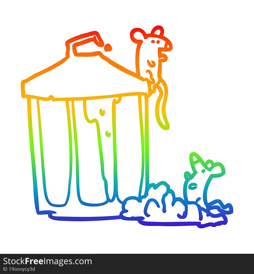 rainbow gradient line drawing of a old metal garbage can with mice